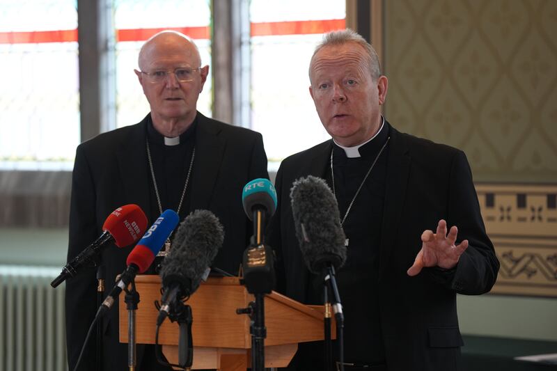 Archbishop of Armagh Eamon Martin (right) and Archbishop of Dublin Dermot Farrell speaking at press conference at St Patrick's Cathedral in Armagh on Monday. Photo: Liam McBurney/PA 