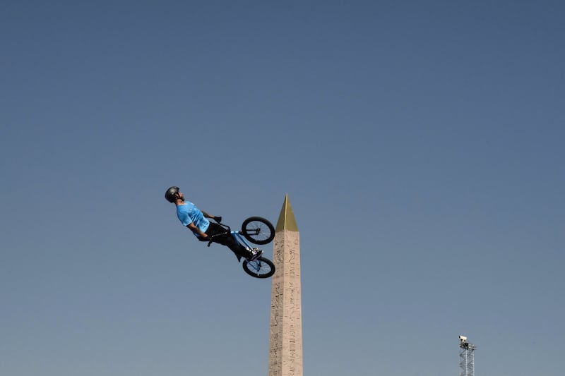 Argentina's Jose Torres Gil takes part in a BMX freestyle training session during the Olympic Games at La Concorde in Paris. Photograph: Jeff Pachoud/AFP via Getty Images