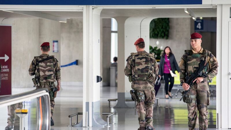 French soldiers on patrol at Charles de Gaulle airport, from where the missing EgyptAir flight 804 took off. Photograph: AP Photo/Laurent Cipriani